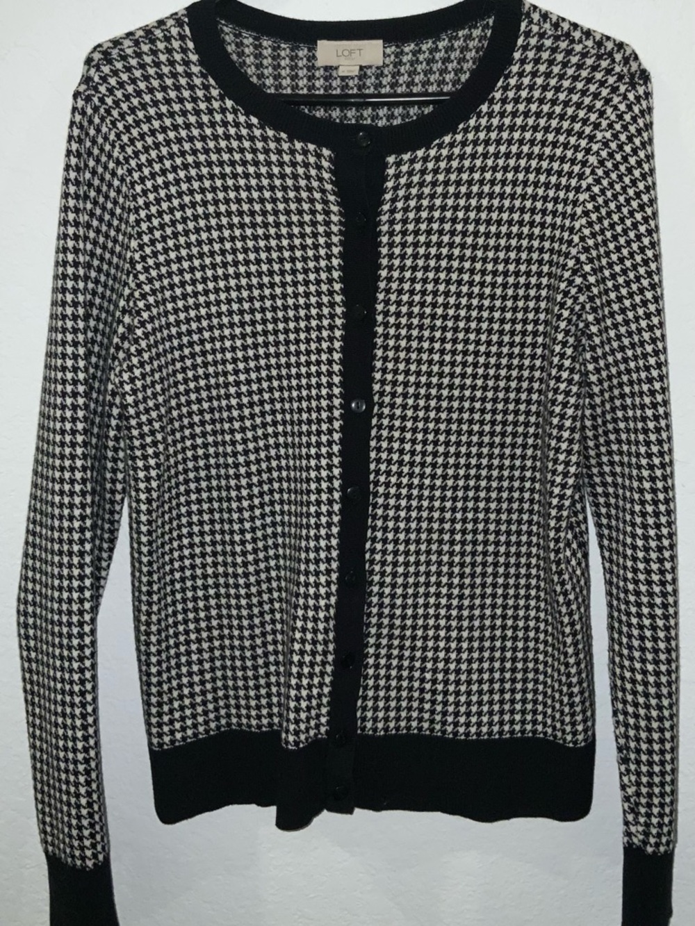 LOFT Black and White Houndstooth Button-Front Cardigan